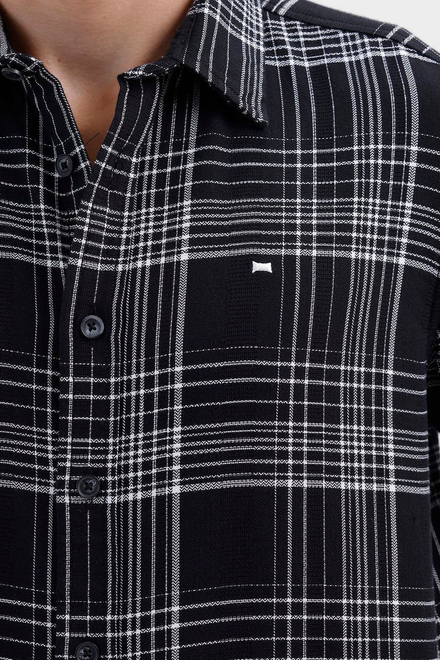 BASICS SLIM FIT BLACK SHOE COTTON DOBBY CHECKS SHIRT