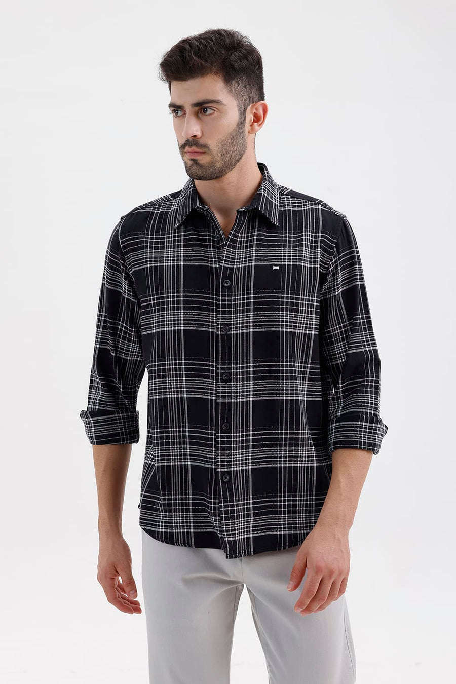 BASICS SLIM FIT BLACK SHOE COTTON DOBBY CHECKS SHIRT