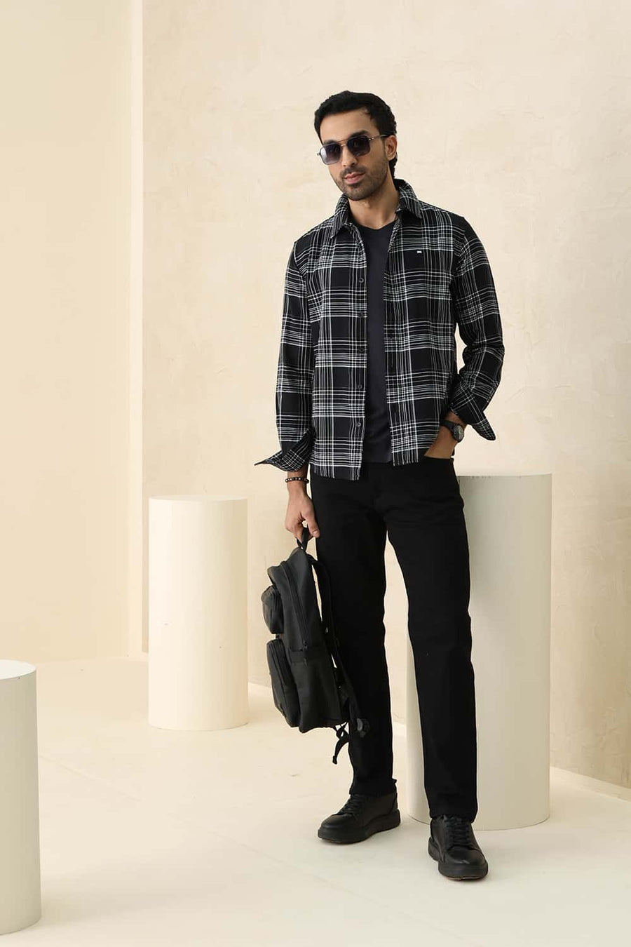 Basics Slim Fit Black Shoe Cotton Dobby Checks Shirt