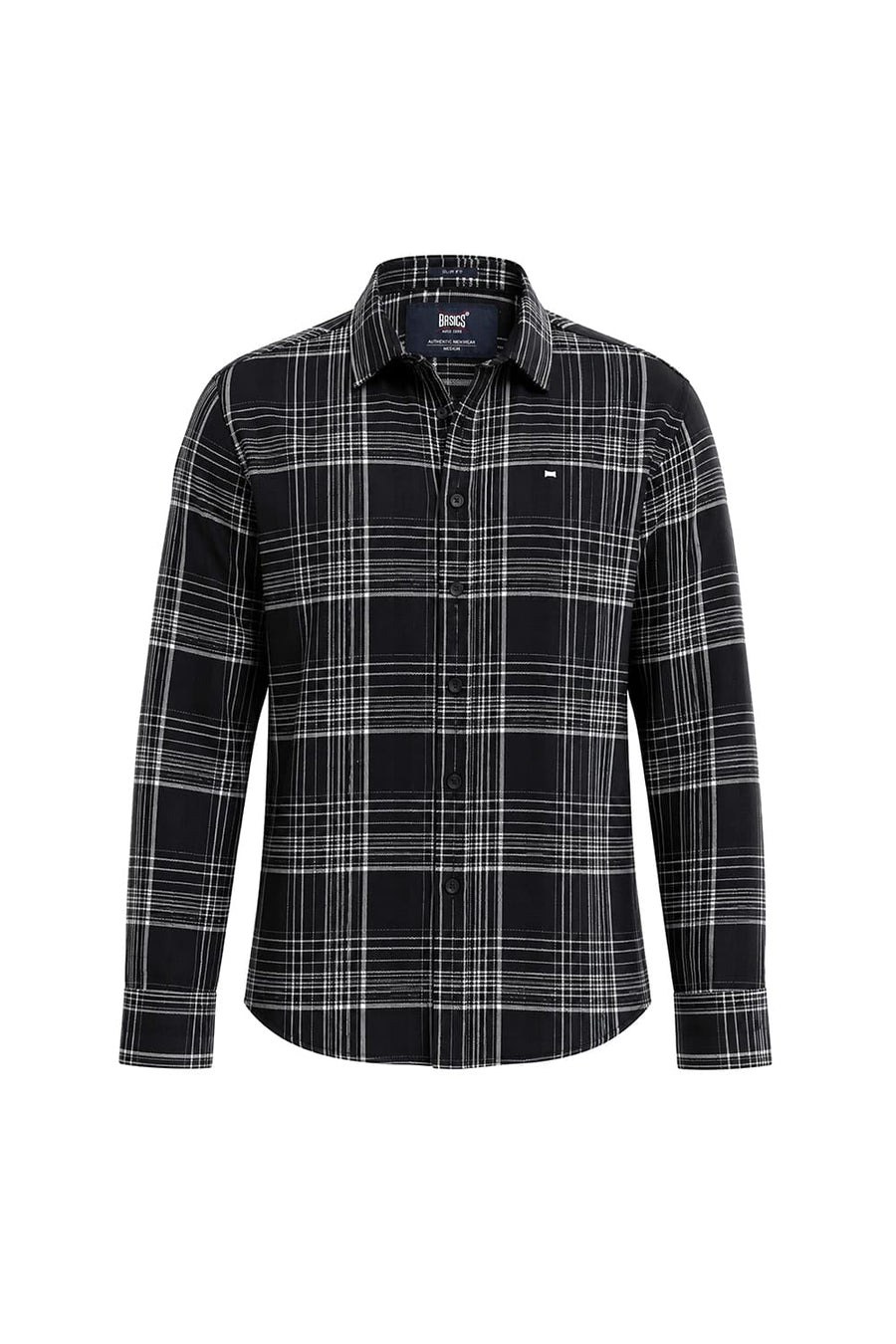 BASICS SLIM FIT BLACK SHOE COTTON DOBBY CHECKS SHIRT