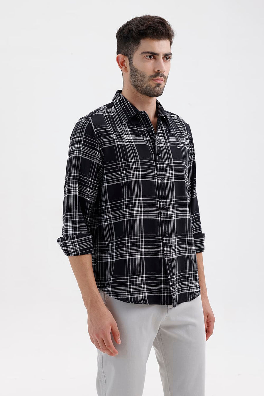 BASICS SLIM FIT BLACK SHOE COTTON DOBBY CHECKS SHIRT
