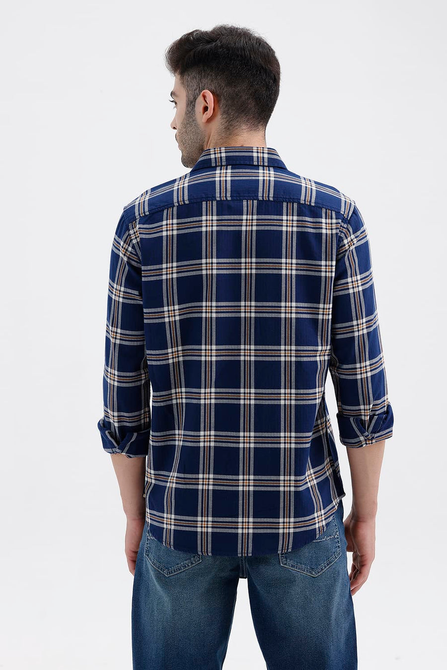 BASICS SLIM FIT INSIGNIA NAVY COTTON DOBBY CHECKS SHIRT