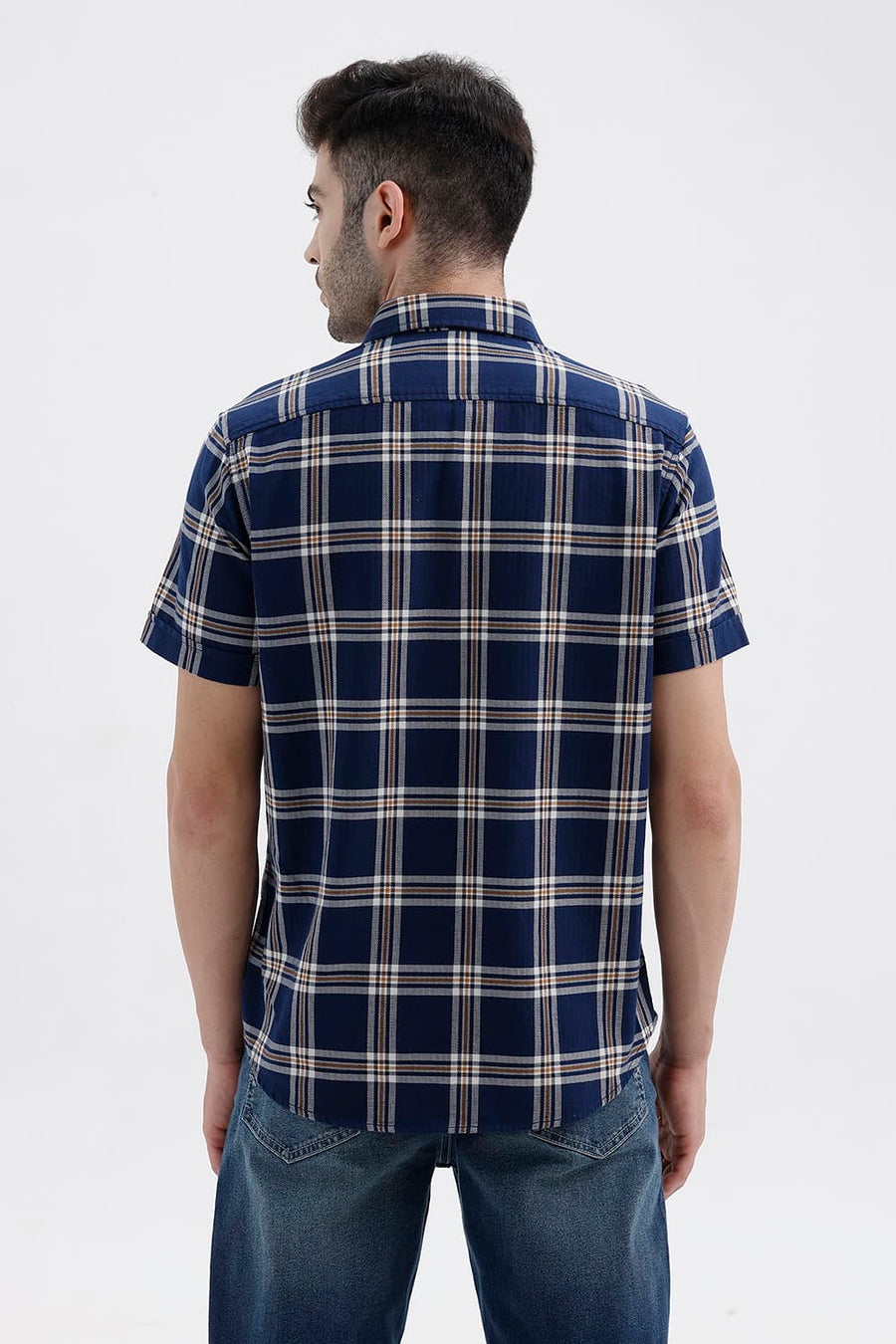 BASICS SLIM FIT INSIGNIA NAVY COTTON DOBBY CHECKS HALFSLEEVES SHIRT