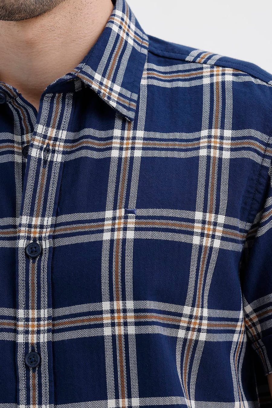 BASICS SLIM FIT INSIGNIA NAVY COTTON DOBBY CHECKS HALFSLEEVES SHIRT
