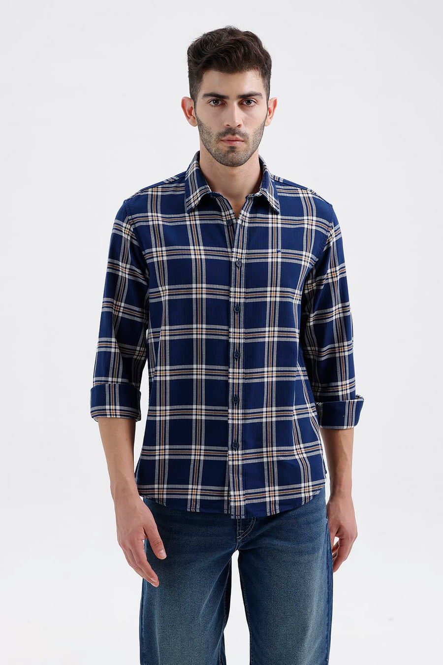 BASICS SLIM FIT INSIGNIA NAVY COTTON DOBBY CHECKS SHIRT