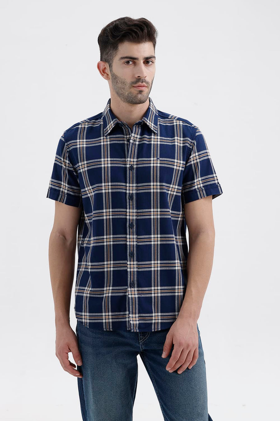 BASICS SLIM FIT INSIGNIA NAVY COTTON DOBBY CHECKS HALFSLEEVES SHIRT