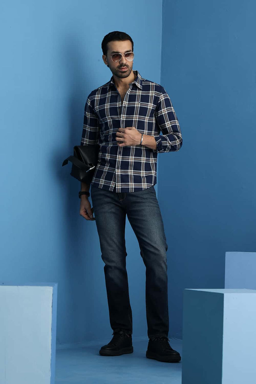 Basics Slim Fit Insignia Navy Cotton Dobby Checks Shirt