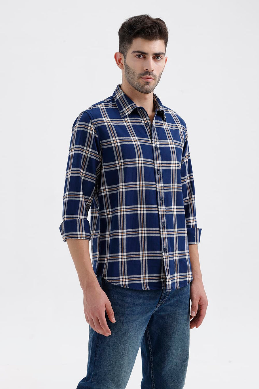 BASICS SLIM FIT INSIGNIA NAVY COTTON DOBBY CHECKS SHIRT