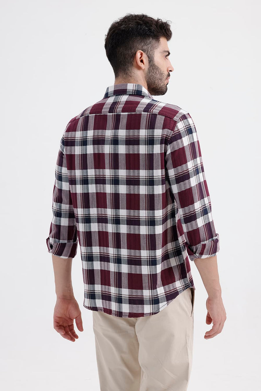 BASICS SLIM FIT TAWNY MAROON COTTON DOBBY CHECKS SHIRT