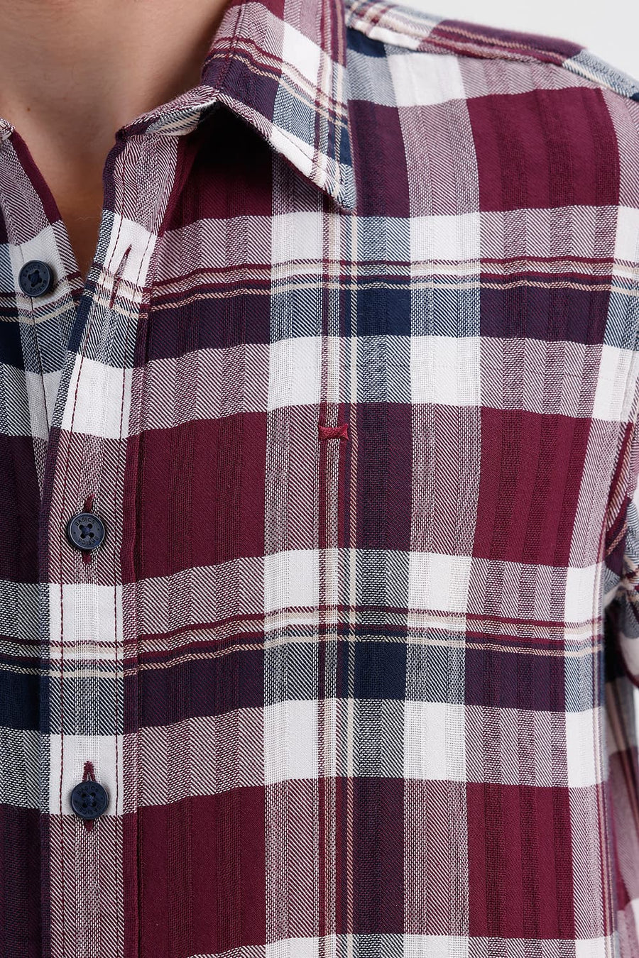 BASICS SLIM FIT TAWNY MAROON COTTON DOBBY CHECKS HALFSLEEVES SHIRT