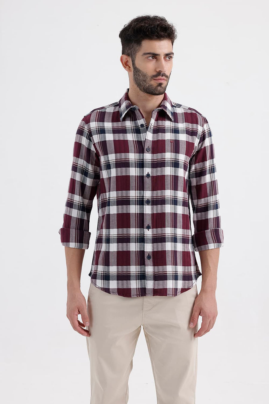 BASICS SLIM FIT TAWNY MAROON COTTON DOBBY CHECKS SHIRT