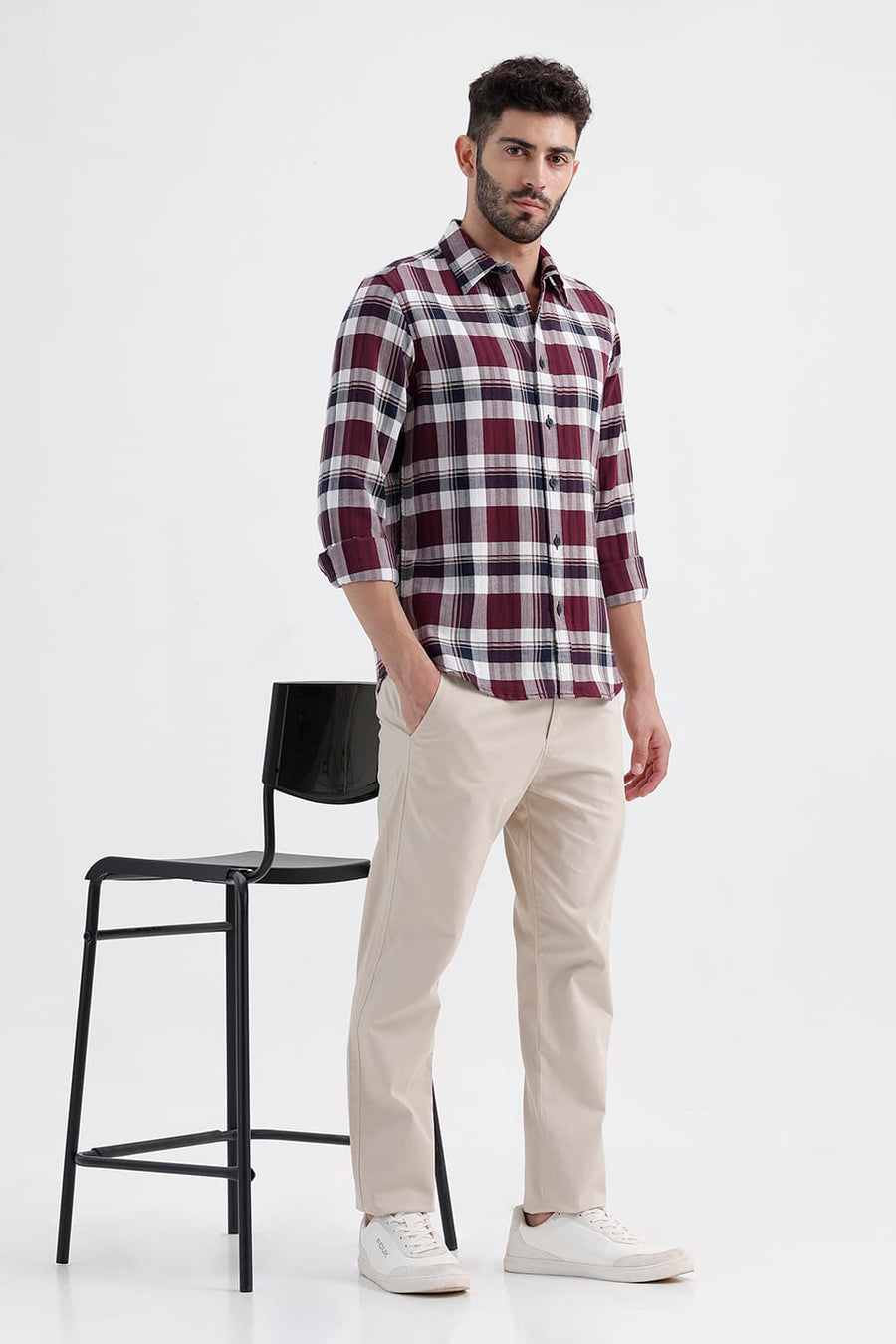BASICS SLIM FIT TAWNY MAROON COTTON DOBBY CHECKS SHIRT