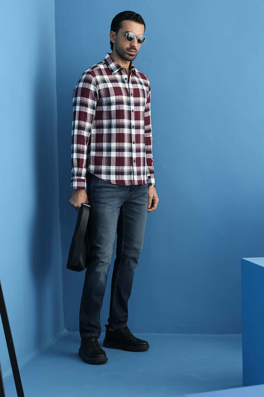 Basics Slim Fit Tawny Maroon Cotton Dobby Checks Shirt