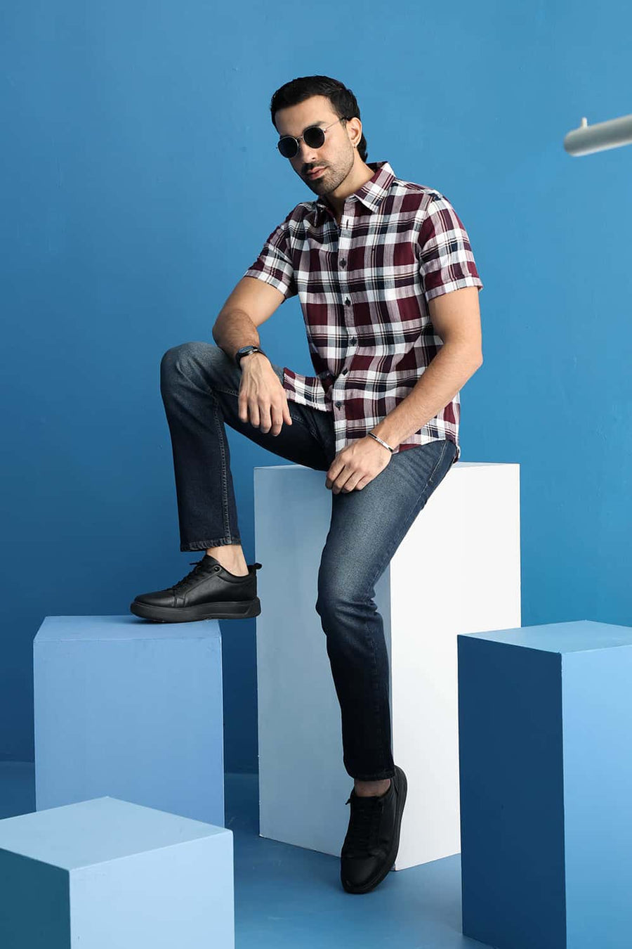 Basics Slim Fit Tawny Maroon Cotton Dobby Checks Halfsleeves Shirt