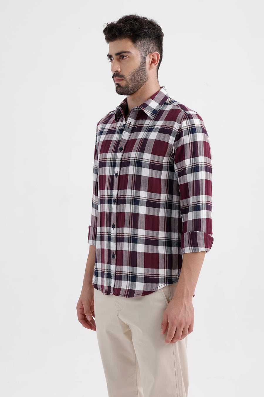 BASICS SLIM FIT TAWNY MAROON COTTON DOBBY CHECKS SHIRT