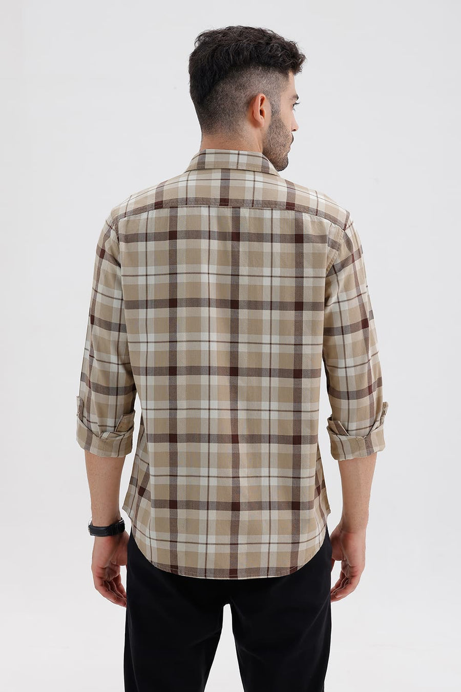 BASICS SLIM FIT SAFARI BEIGE COTTON DOBBY CHECKS SHIRT