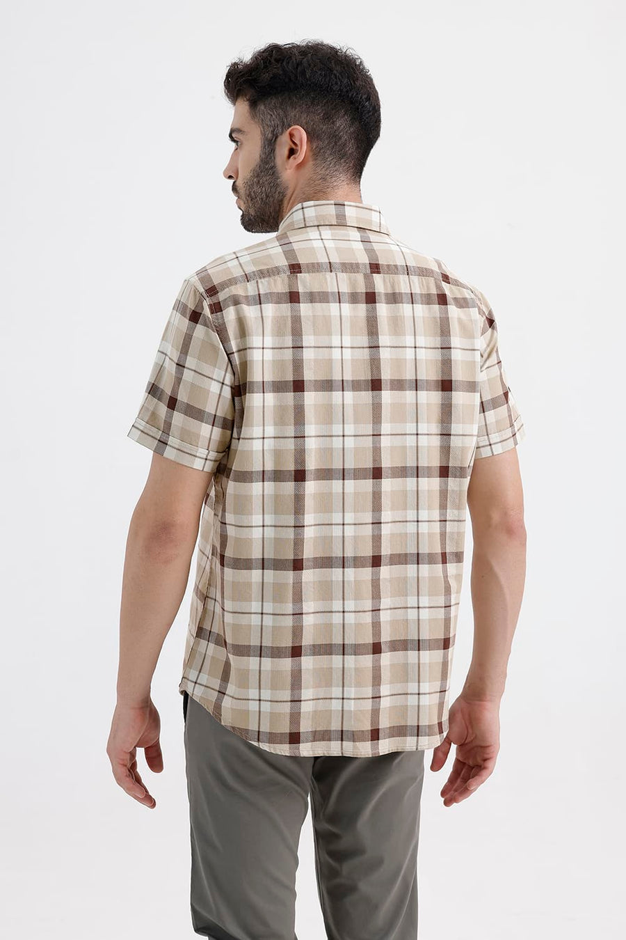 BASICS SLIM FIT SAFARI BEIGE COTTON DOBBY CHECKS HALFSLEEVES SHIRT