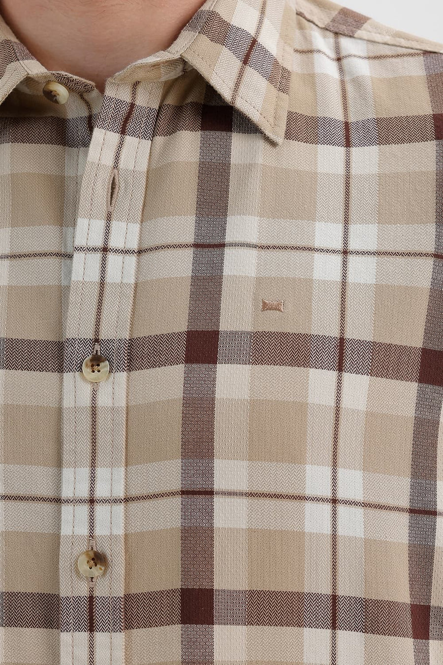 BASICS SLIM FIT SAFARI BEIGE COTTON DOBBY CHECKS SHIRT