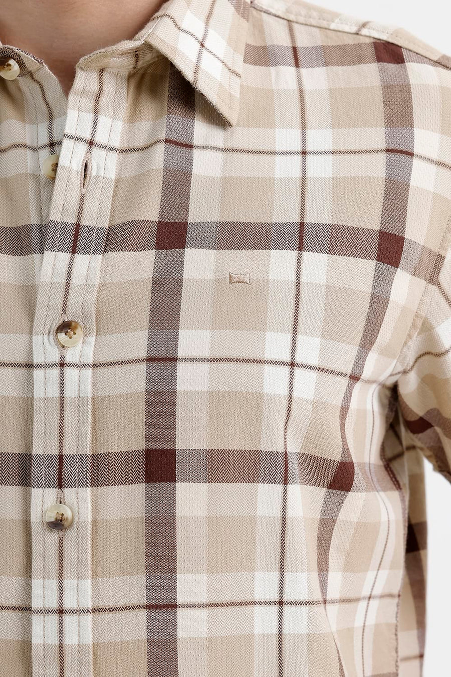 BASICS SLIM FIT SAFARI BEIGE COTTON DOBBY CHECKS HALFSLEEVES SHIRT