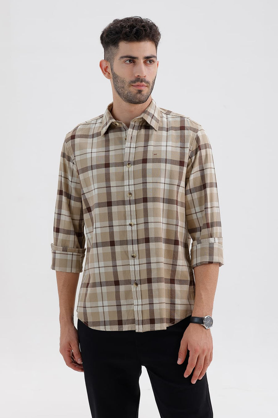 BASICS SLIM FIT SAFARI BEIGE COTTON DOBBY CHECKS SHIRT
