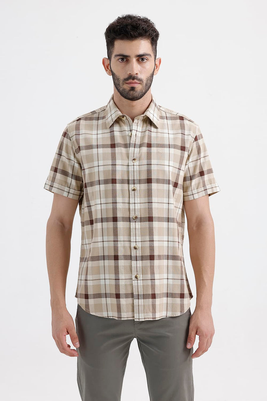 BASICS SLIM FIT SAFARI BEIGE COTTON DOBBY CHECKS HALFSLEEVES SHIRT