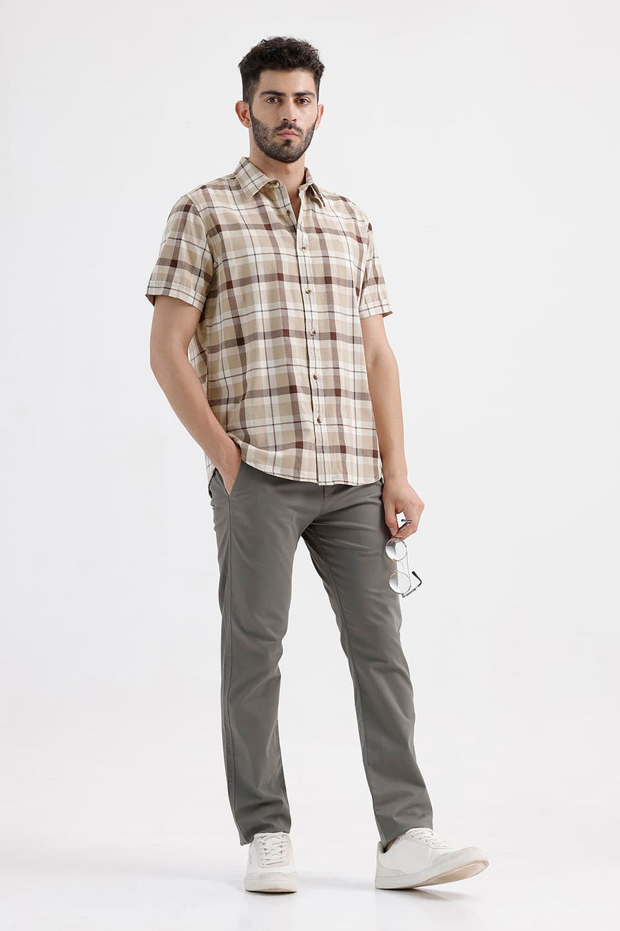 BASICS SLIM FIT SAFARI BEIGE COTTON DOBBY CHECKS HALFSLEEVES SHIRT