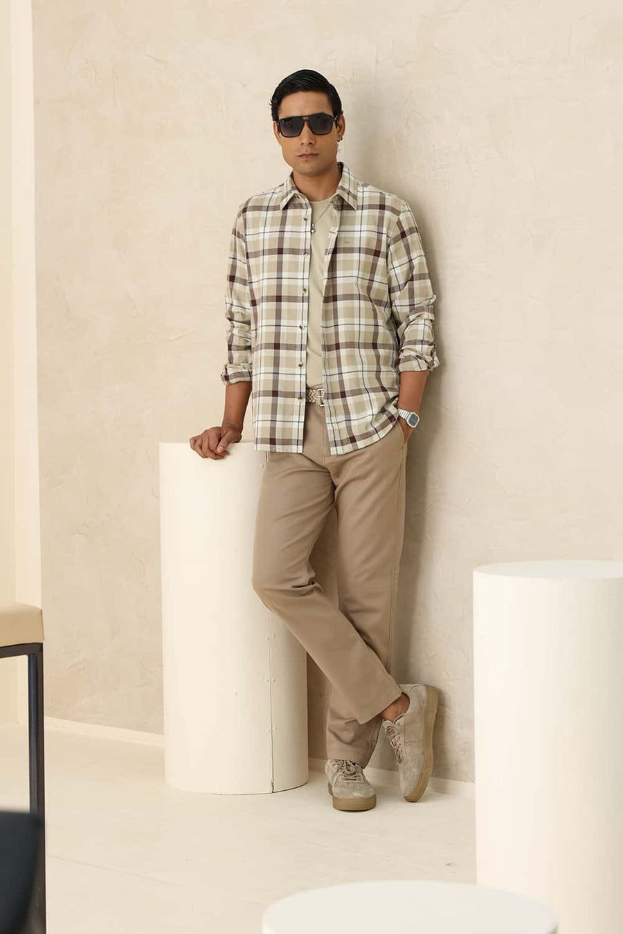 Basics Slim Fit Safari Beige Cotton Dobby Checks Shirt