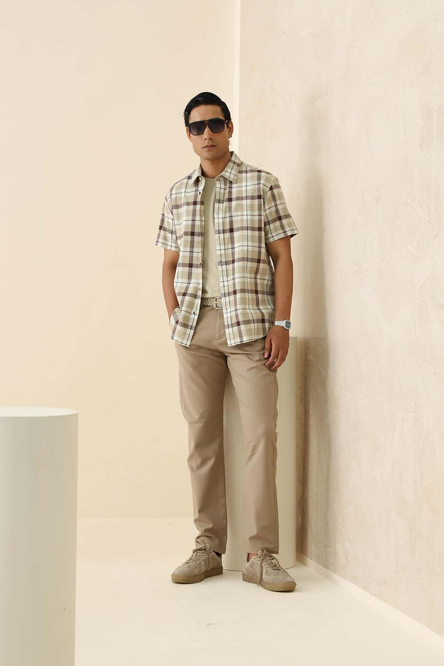 Basics Slim Fit Safari Beige Cotton Dobby Checks Halfsleeves Shirt