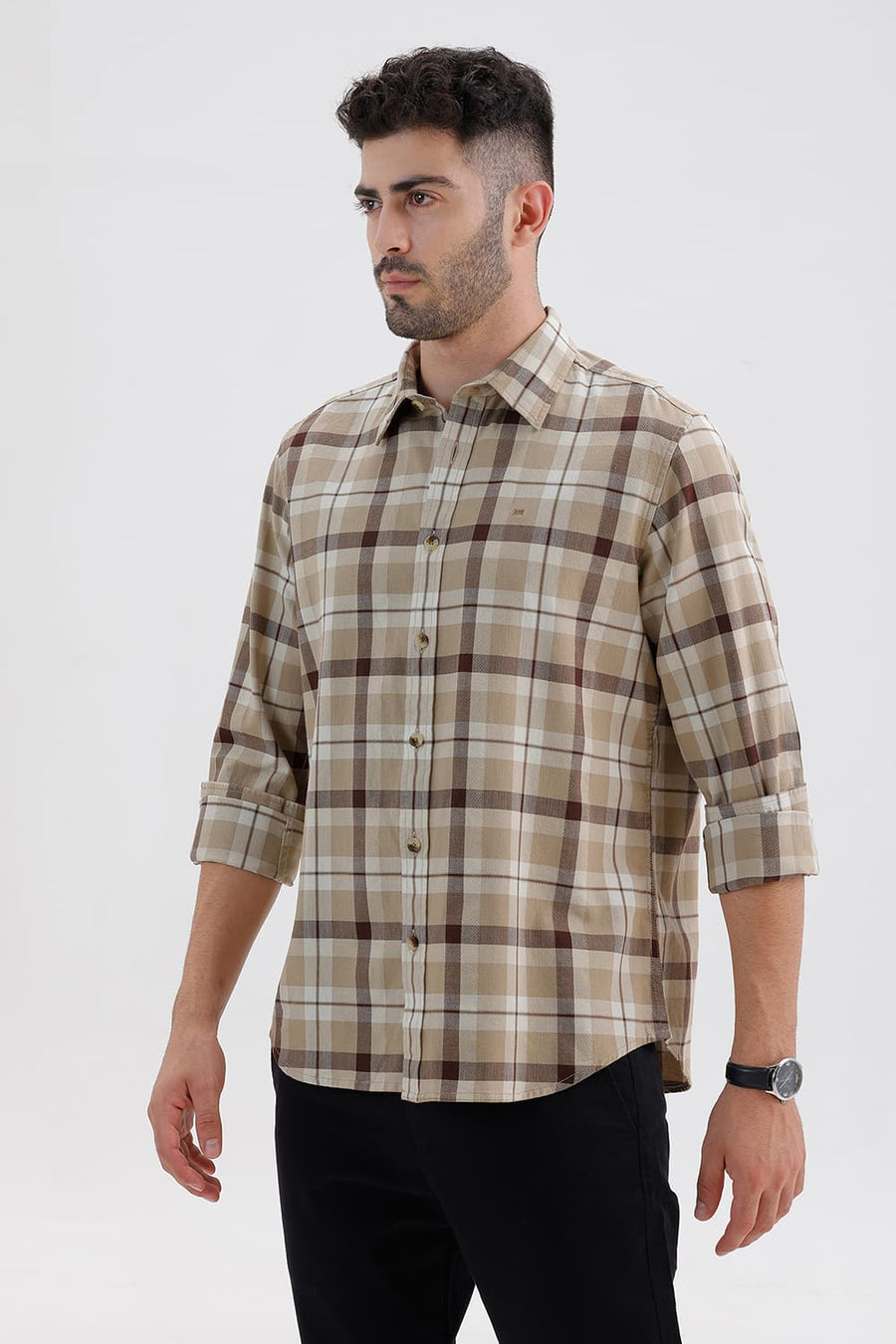 BASICS SLIM FIT SAFARI BEIGE COTTON DOBBY CHECKS SHIRT