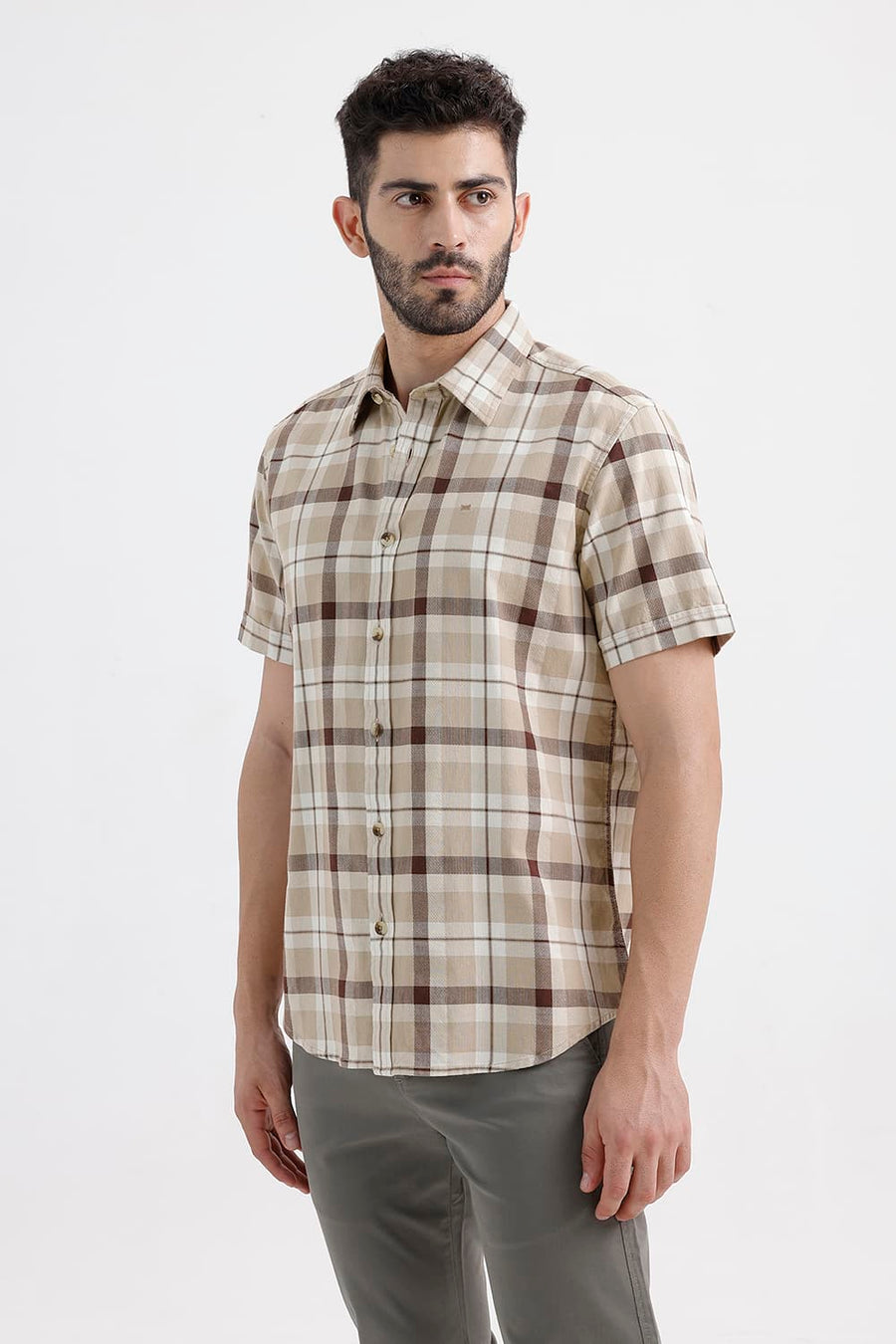 BASICS SLIM FIT SAFARI BEIGE COTTON DOBBY CHECKS HALFSLEEVES SHIRT