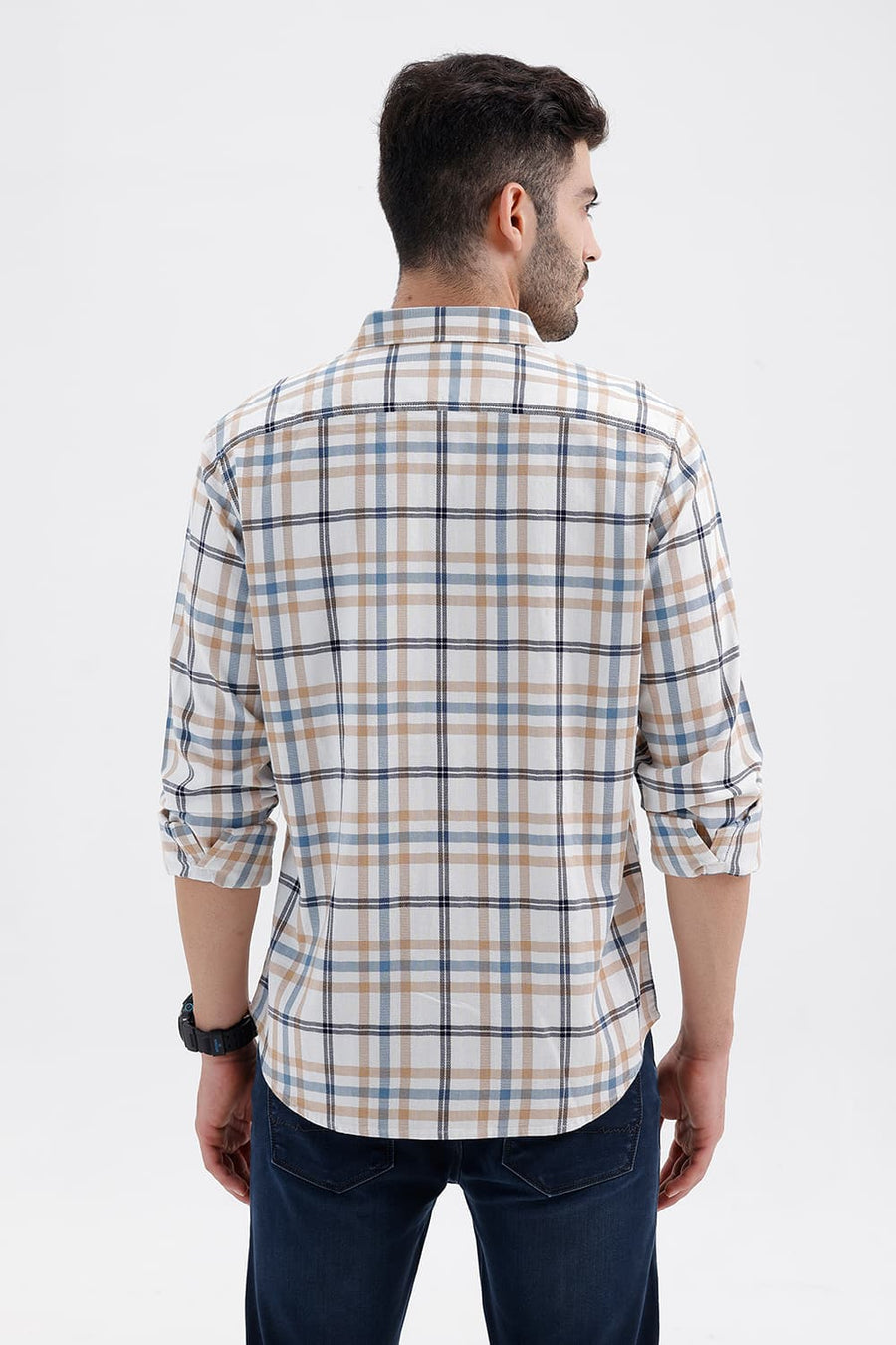 BASICS SLIM FIT CYANEUS ECRU COTTON DOBBY CHECKS SHIRT