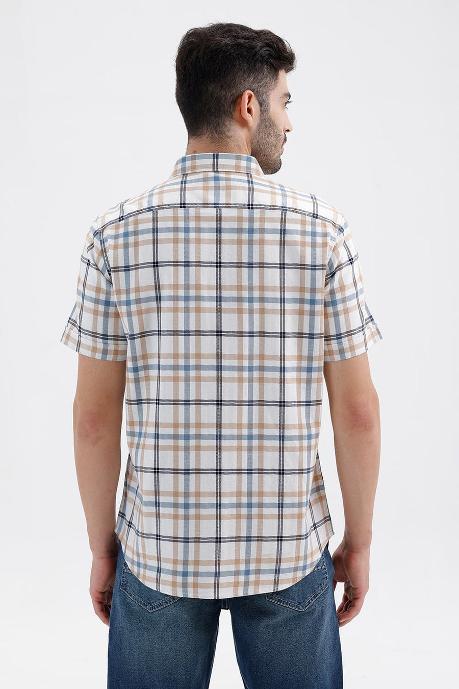 BASICS SLIM FIT CYANEUS ECRU COTTON DOBBY CHECKS HALFSLEEVES SHIRT