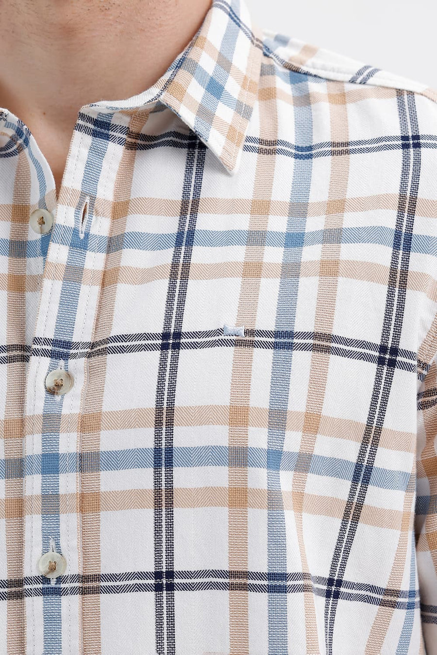 BASICS SLIM FIT CYANEUS ECRU COTTON DOBBY CHECKS SHIRT