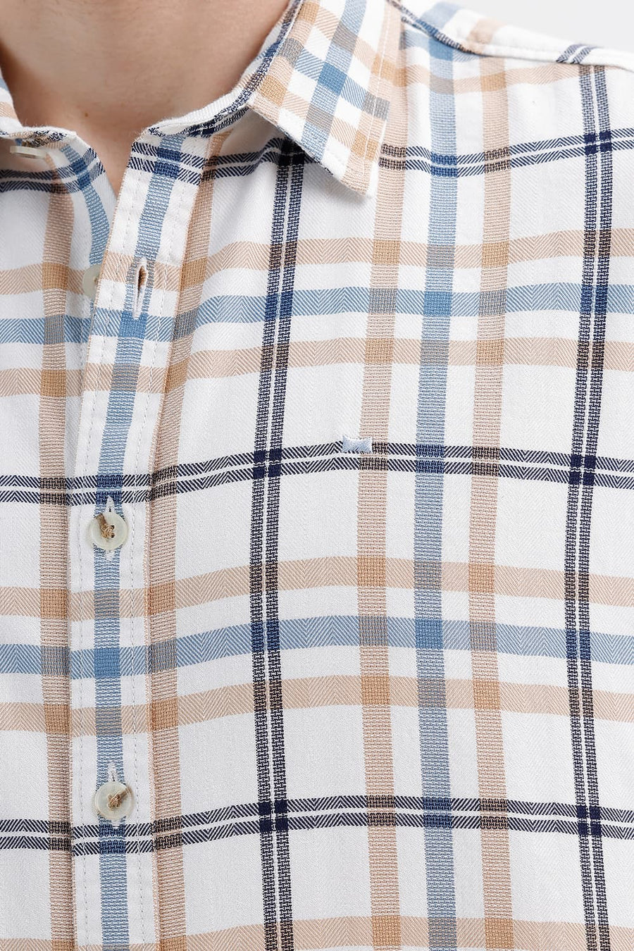BASICS SLIM FIT CYANEUS ECRU COTTON DOBBY CHECKS HALFSLEEVES SHIRT
