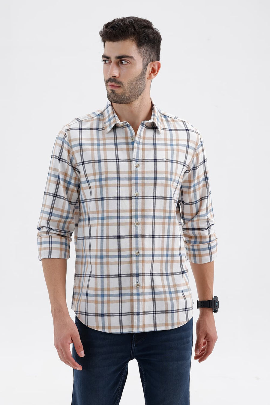 BASICS SLIM FIT CYANEUS ECRU COTTON DOBBY CHECKS SHIRT