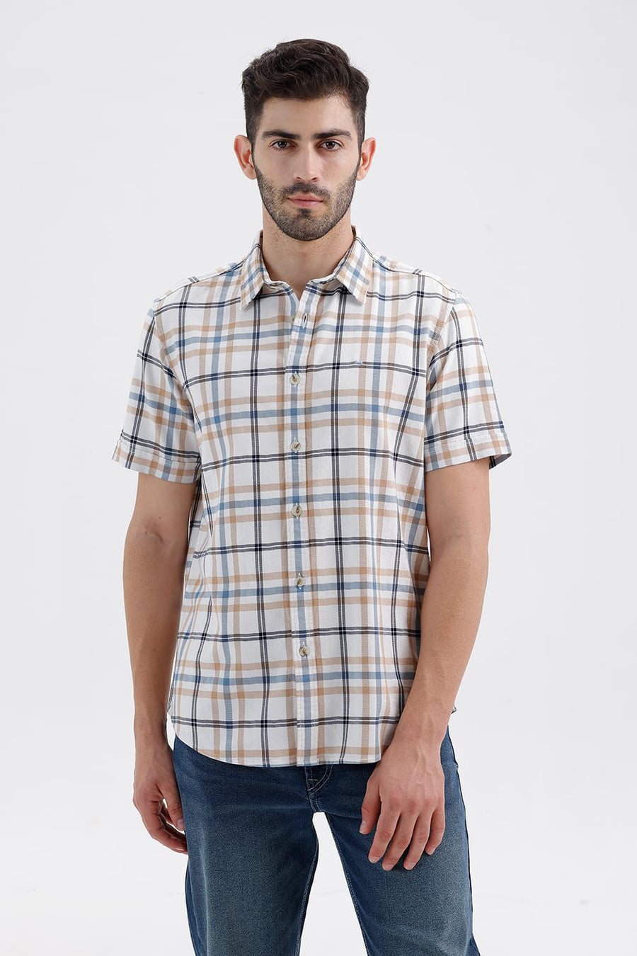 BASICS SLIM FIT CYANEUS ECRU COTTON DOBBY CHECKS HALFSLEEVES SHIRT