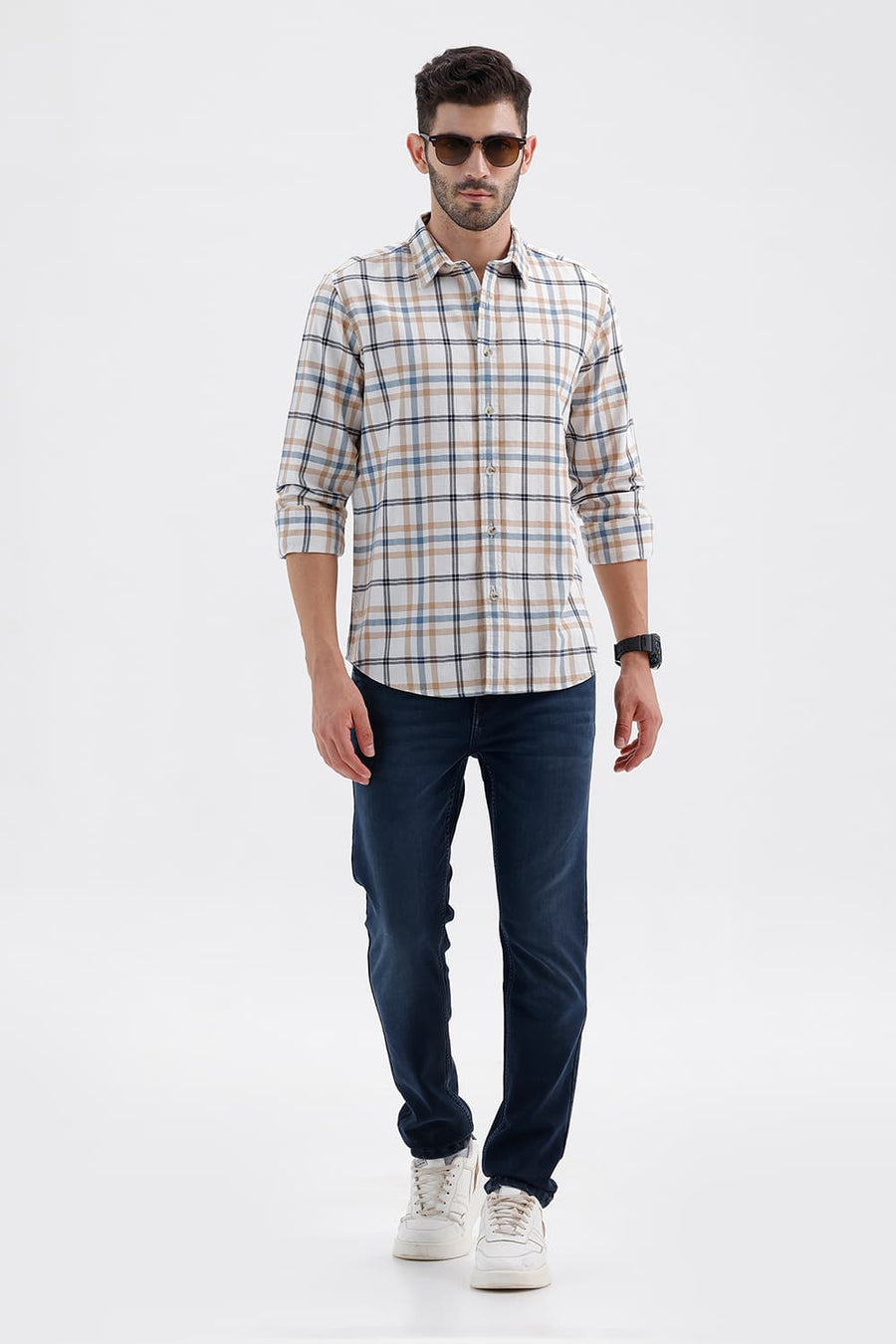BASICS SLIM FIT CYANEUS ECRU COTTON DOBBY CHECKS SHIRT