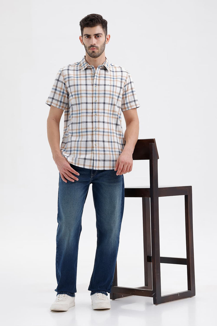 BASICS SLIM FIT CYANEUS ECRU COTTON DOBBY CHECKS HALFSLEEVES SHIRT
