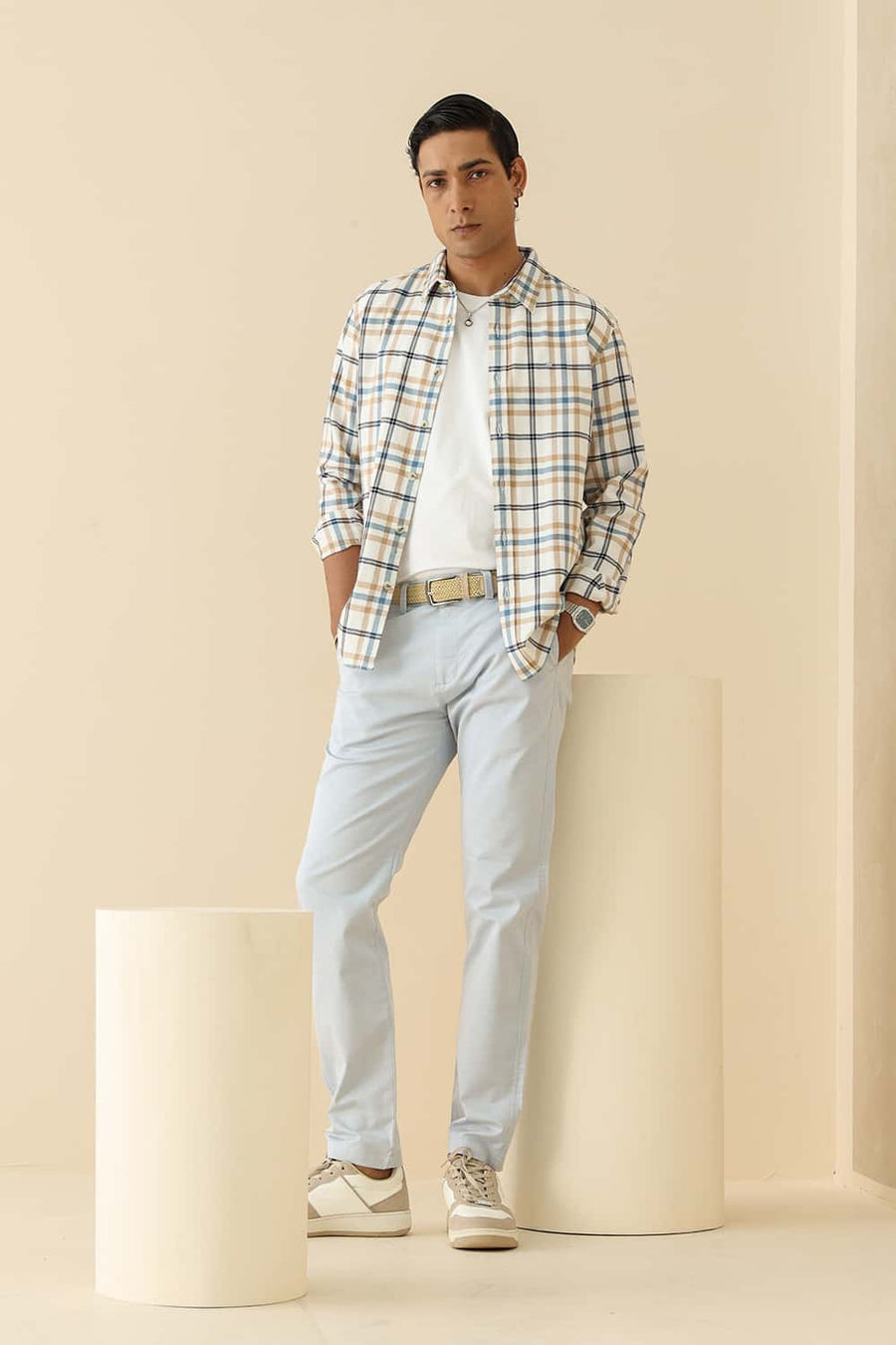 Basics Slim Fit Cyaneus Ecru Cotton Dobby Checks Shirt