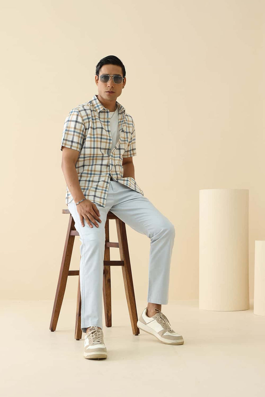 Basics Slim Fit Cyaneus Ecru Cotton Dobby Checks Halfsleeves Shirt