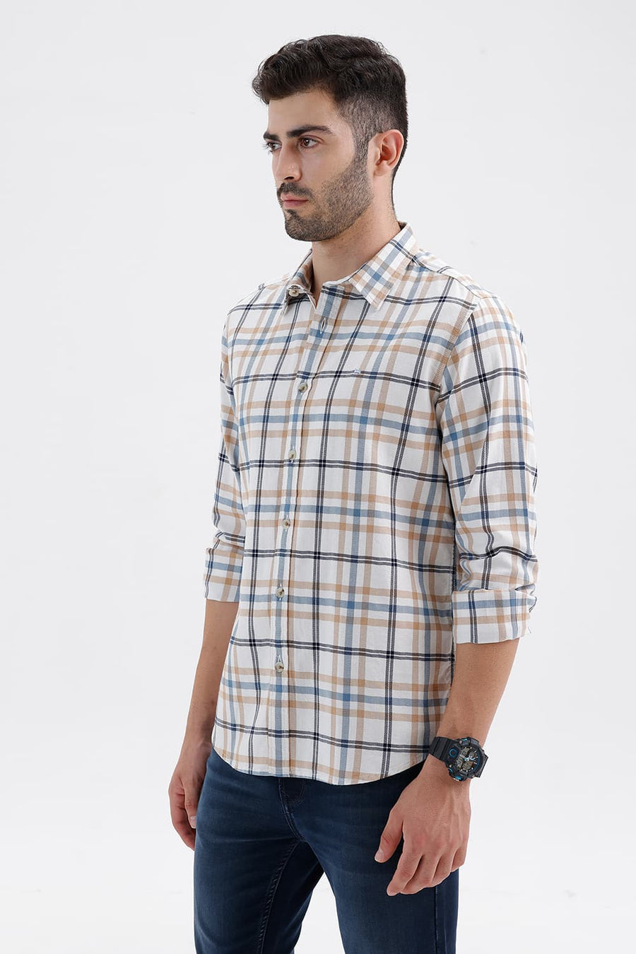 BASICS SLIM FIT CYANEUS ECRU COTTON DOBBY CHECKS SHIRT
