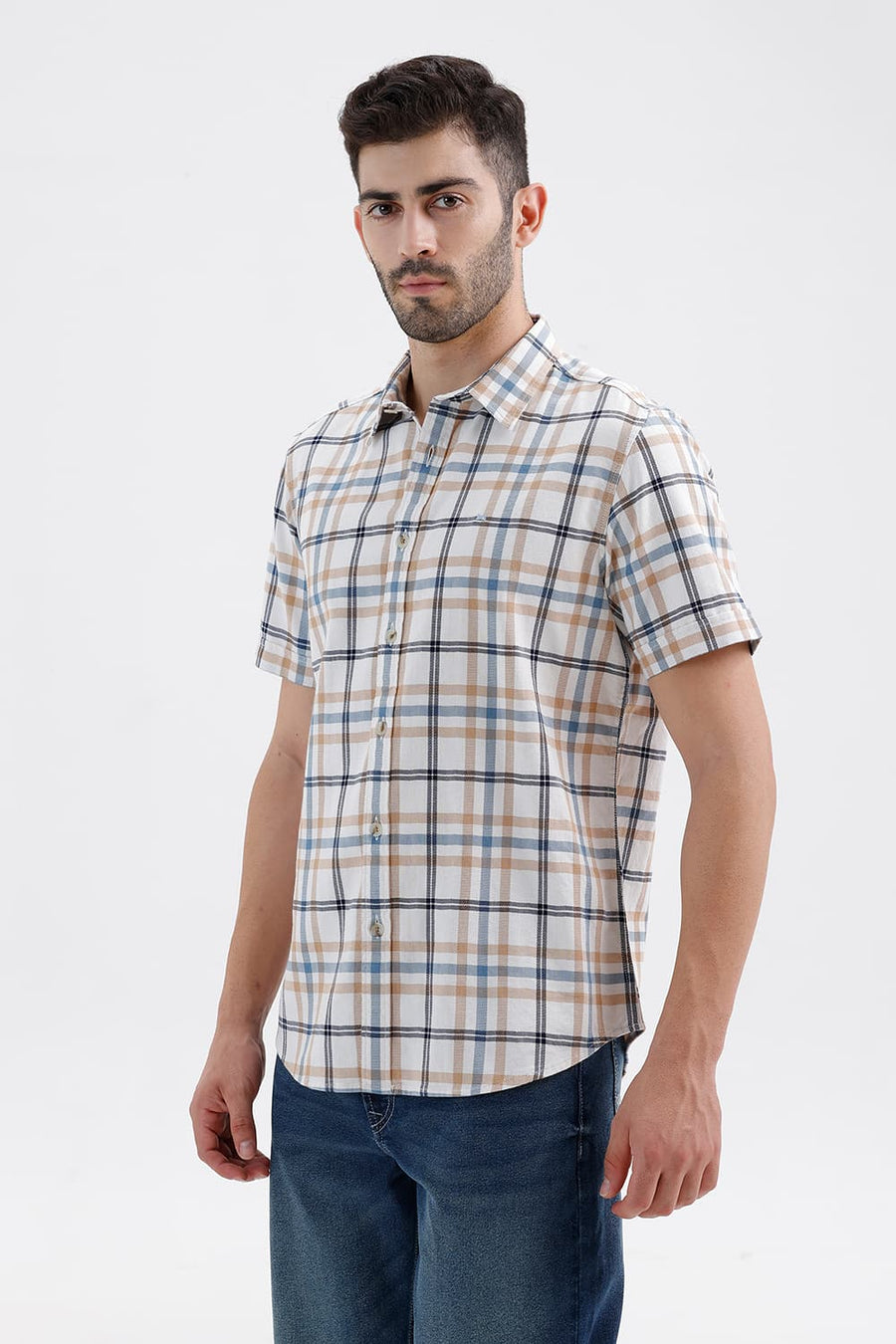 BASICS SLIM FIT CYANEUS ECRU COTTON DOBBY CHECKS HALFSLEEVES SHIRT