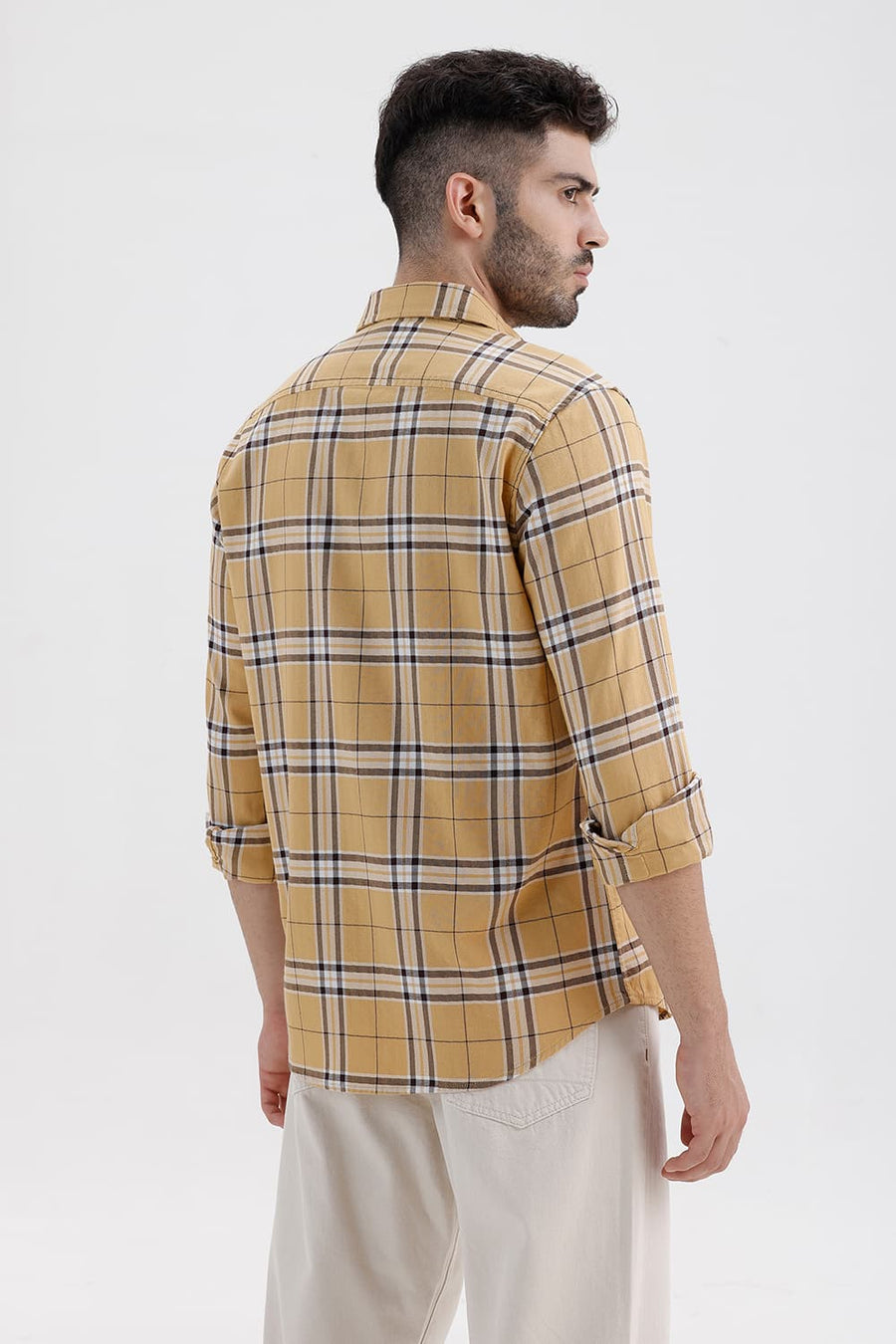 BASICS SLIM FIT TAUPE KHAKI COTTON DOBBY CHECKS SHIRT