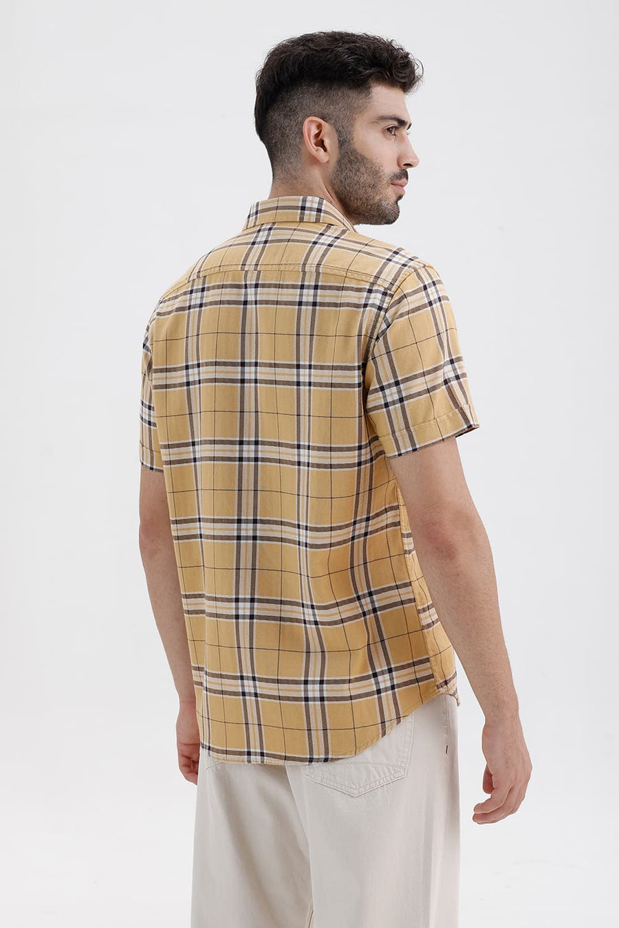 BASICS SLIM FIT TAUPE KHAKI COTTON DOBBY CHECKS HALFSLEEVES SHIRT