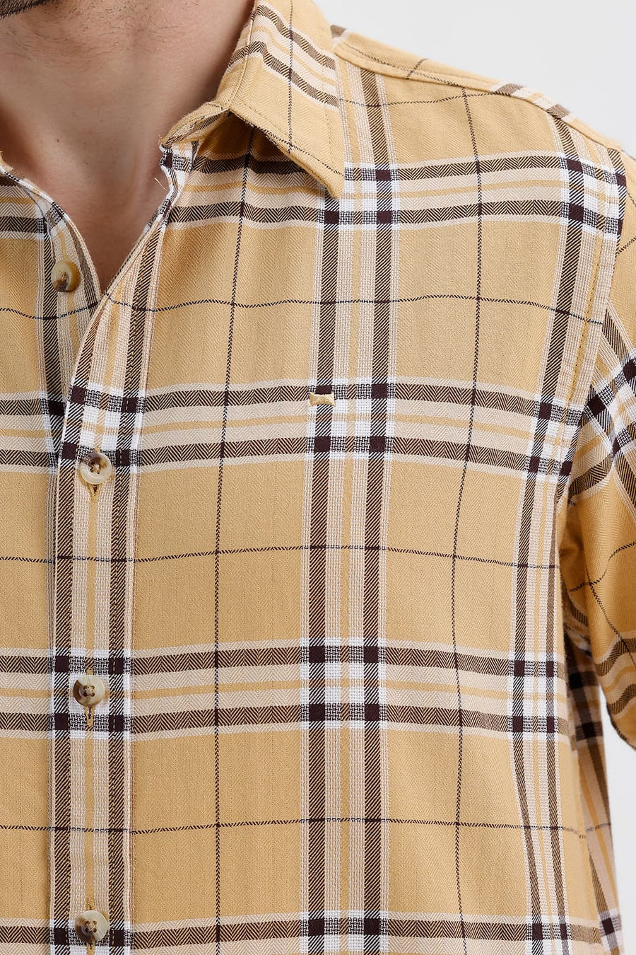 BASICS SLIM FIT TAUPE KHAKI COTTON DOBBY CHECKS SHIRT