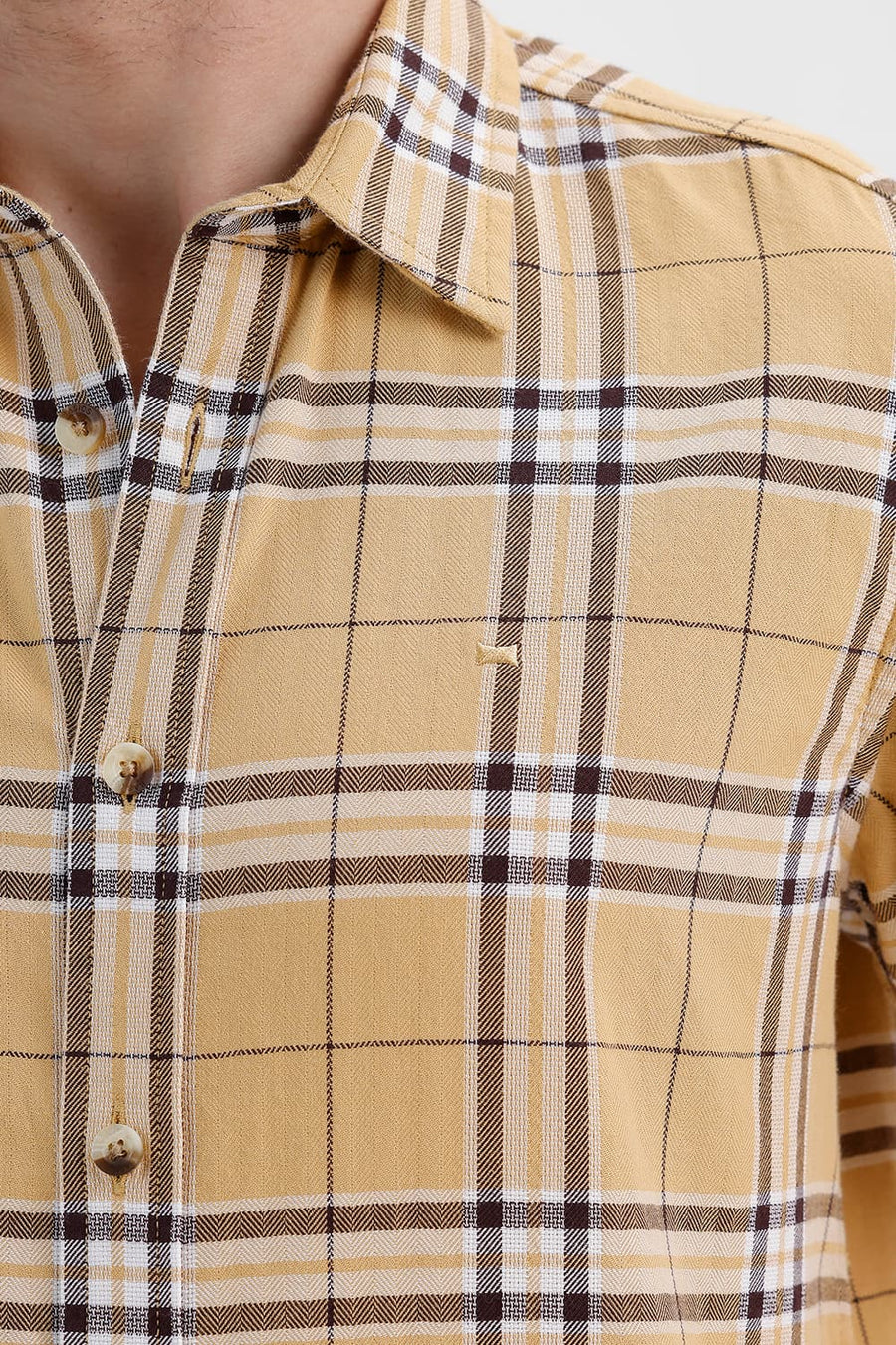 BASICS SLIM FIT TAUPE KHAKI COTTON DOBBY CHECKS HALFSLEEVES SHIRT