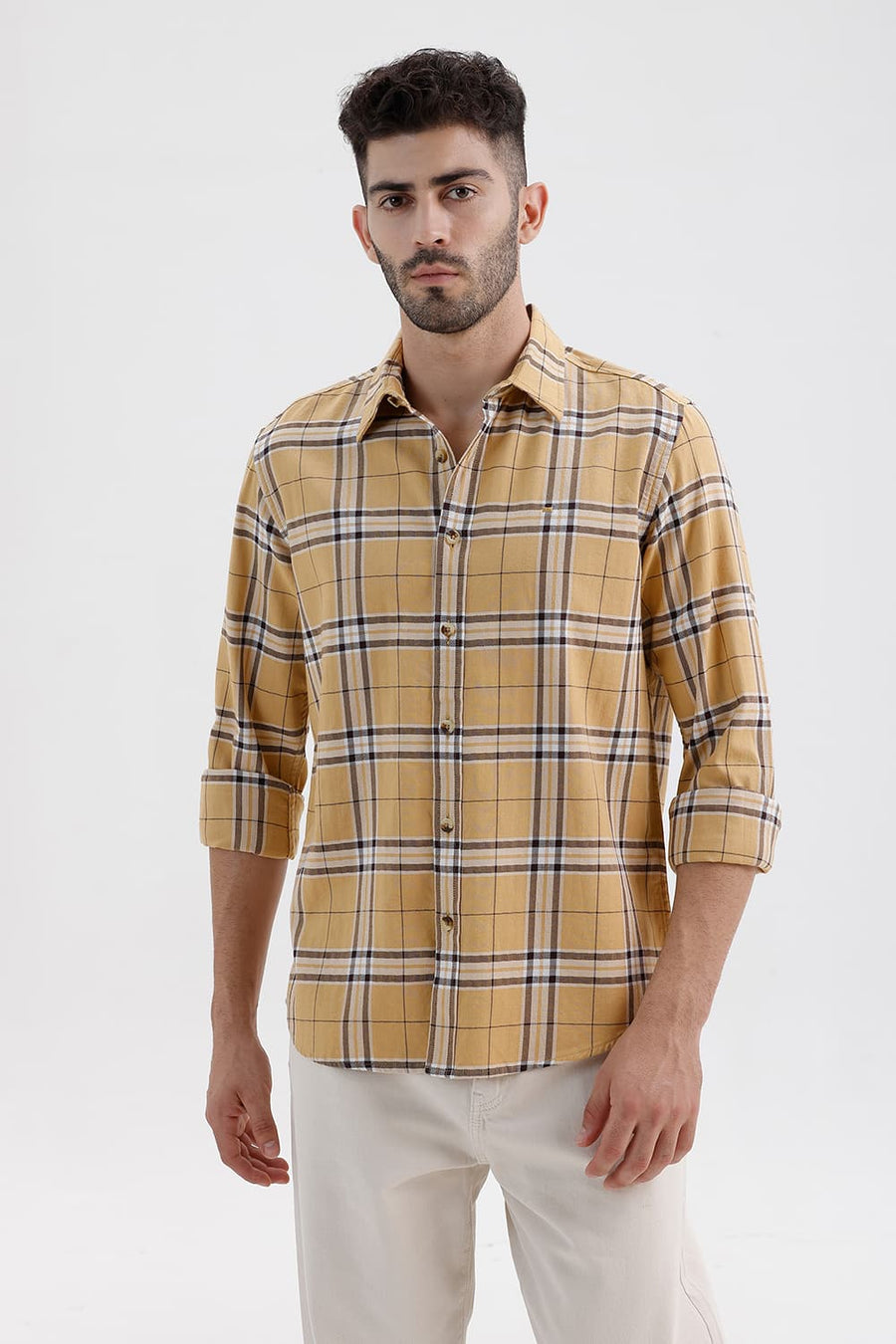 BASICS SLIM FIT TAUPE KHAKI COTTON DOBBY CHECKS SHIRT