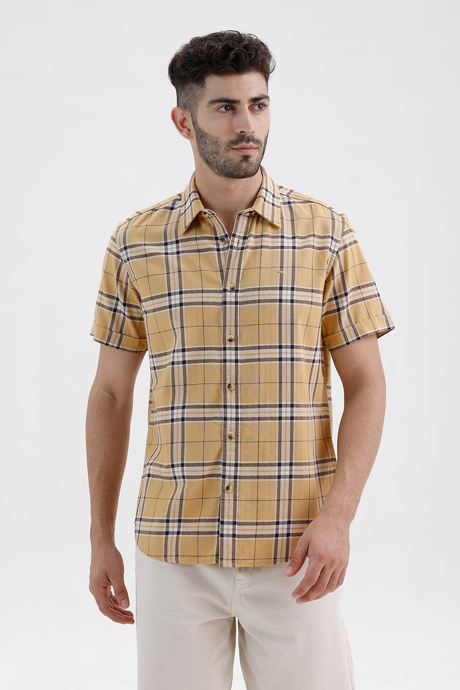 BASICS SLIM FIT TAUPE KHAKI COTTON DOBBY CHECKS HALFSLEEVES SHIRT