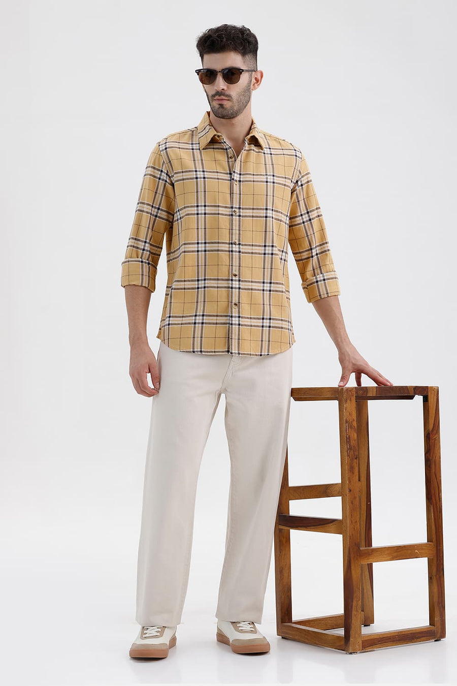 BASICS SLIM FIT TAUPE KHAKI COTTON DOBBY CHECKS SHIRT