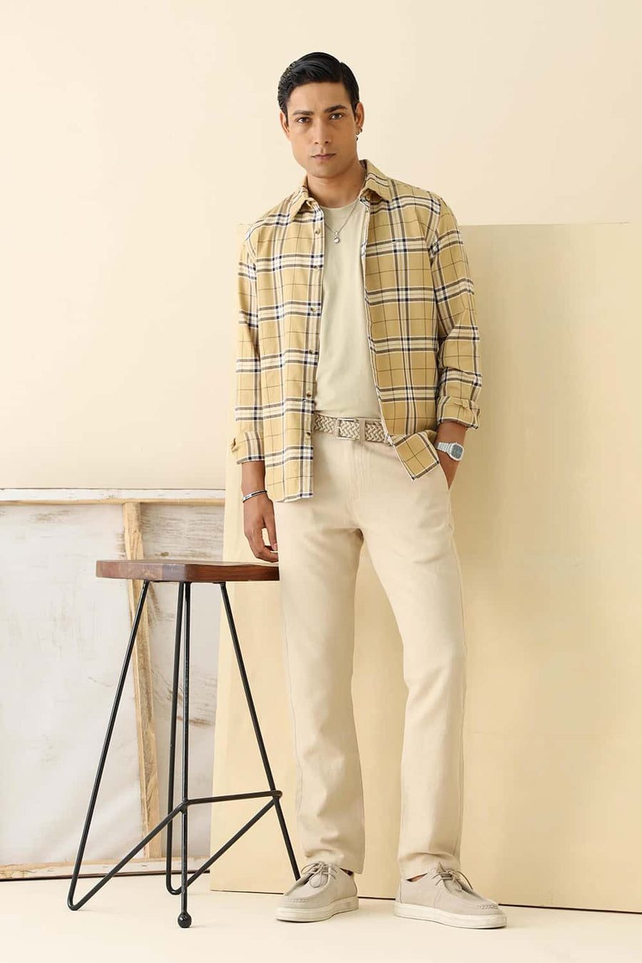 Basics Slim Fit Taupe Khaki Cotton Dobby Checks Shirt